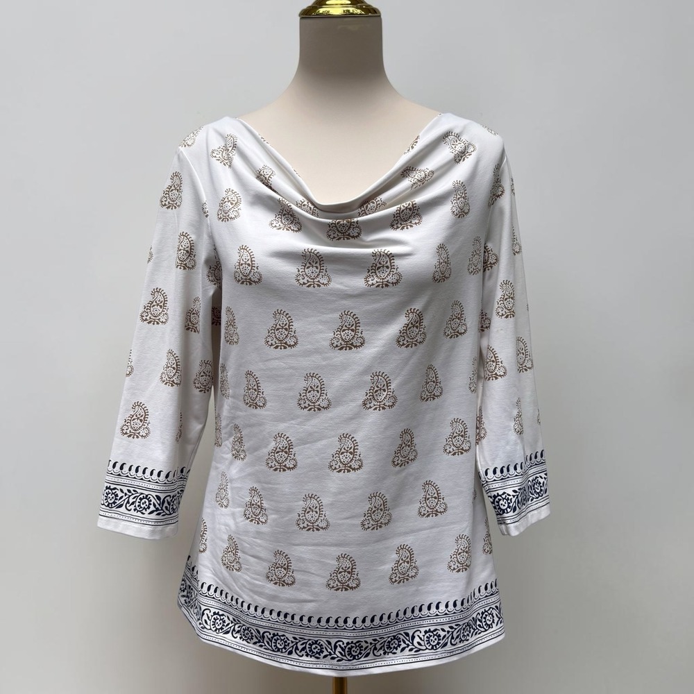 J. McLaughlin Cowl Neck Top M Cream Paisley 3/4 Sleeve Catalina Cloth Stretch